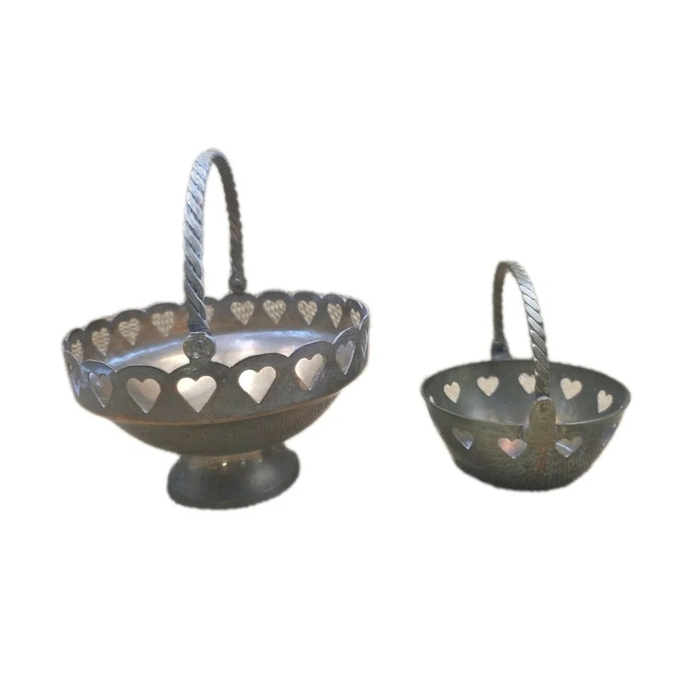 2 Vintage Brass Heart Cutout Candy Nut Bowls Set Pedestal & Handled Basket Decor